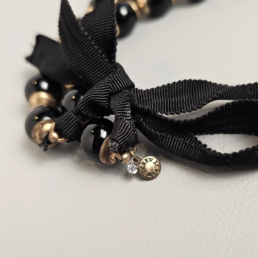 [J. CREW] Black & Gold ○● Beaded Statement Necklace with Cloth Tie